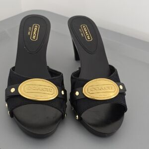 Vintage NIB Coach Black Slide Heels with Gold Medallion